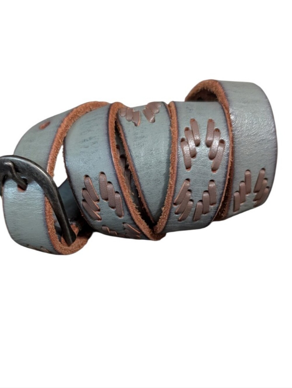 Amsterdam Heritage Handcrafted Blue Gray Leather Belt Stitch Detail Distressed